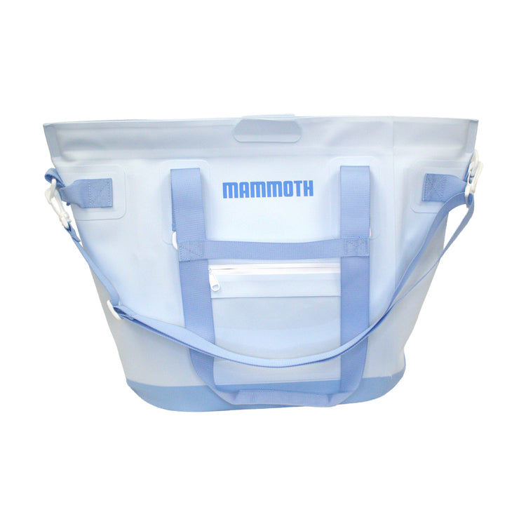 Clear tote bag with blue accents and 'Mammoth' branding on a white background