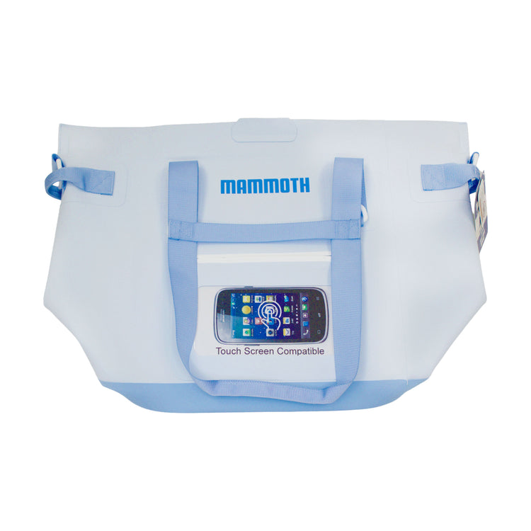 Blue and white bag with 'Mammoth' branding and a smartphone display on a white background
