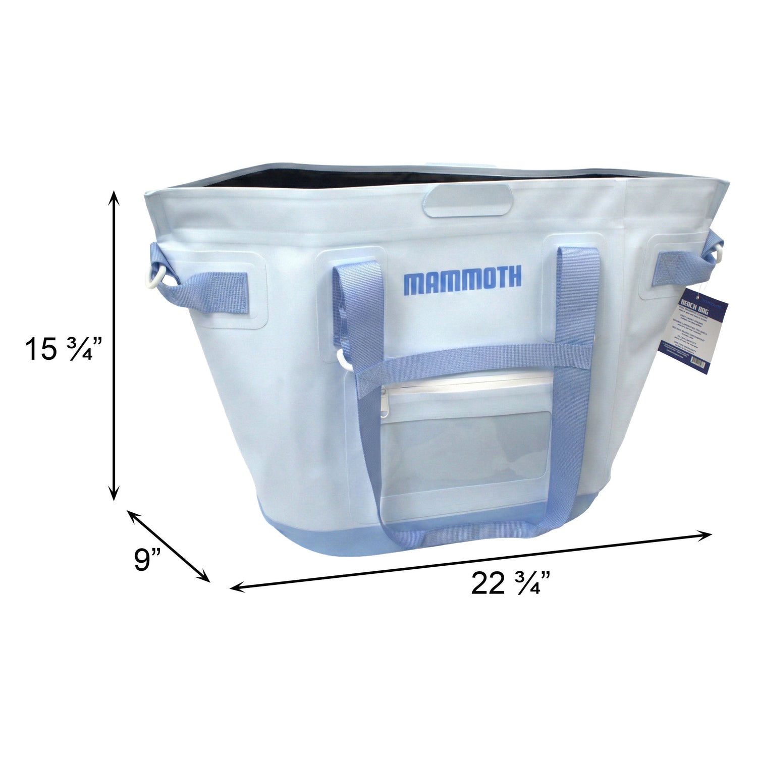 White cooler bag with blue handles and measurements on a white background