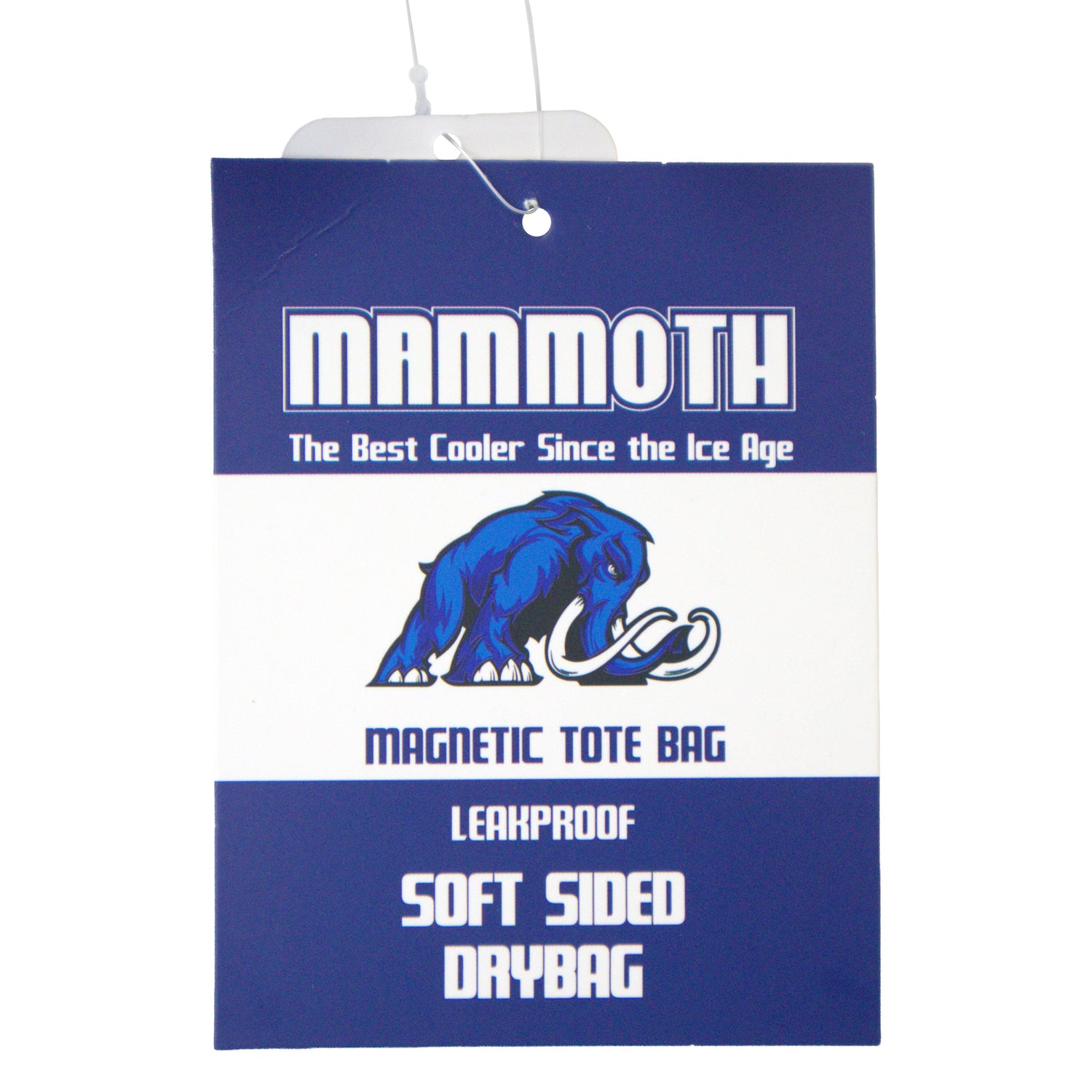 Mammoth magnetic tote bag packaging with blue and white design.