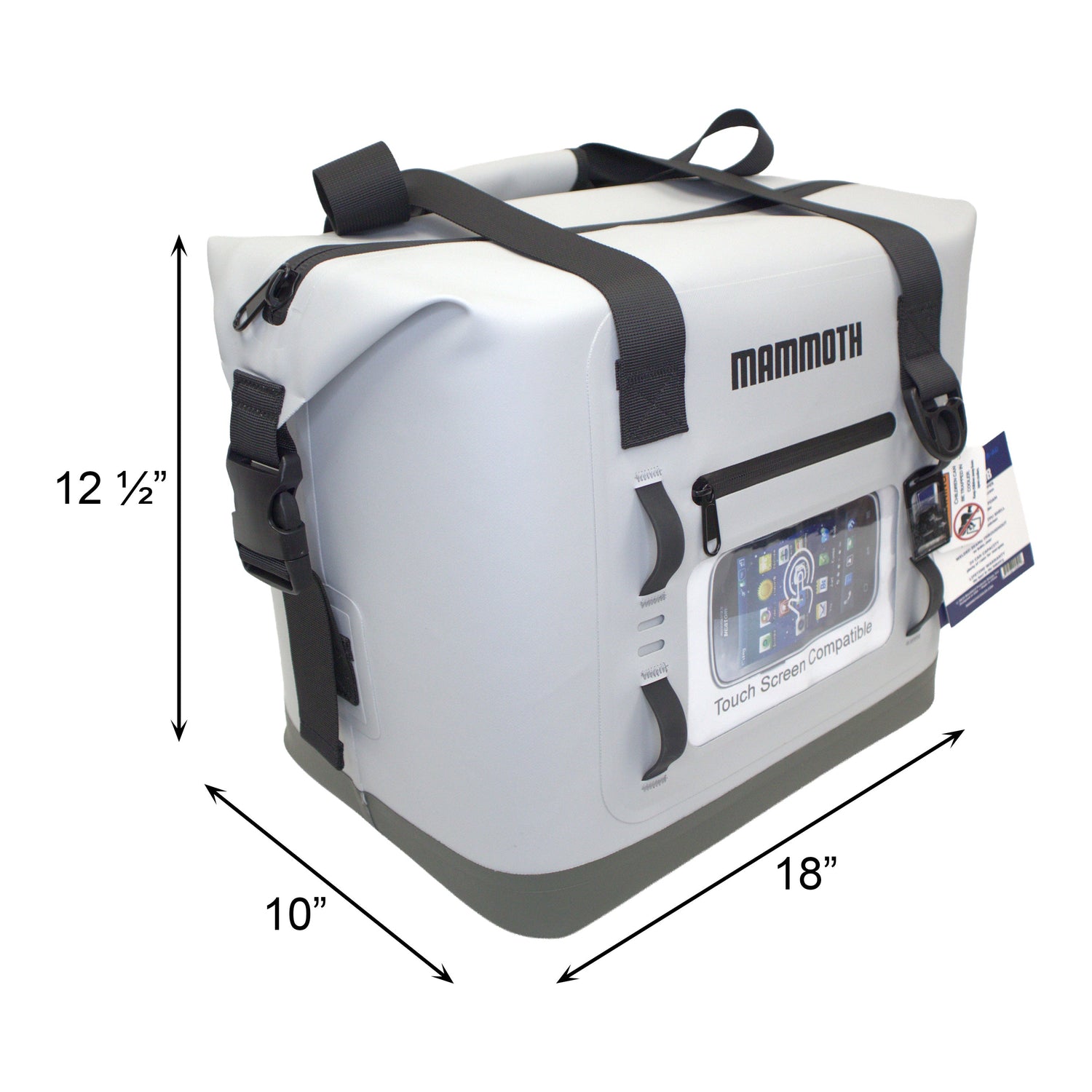 Mammoth cooler bag with dimensions labeled on a white background