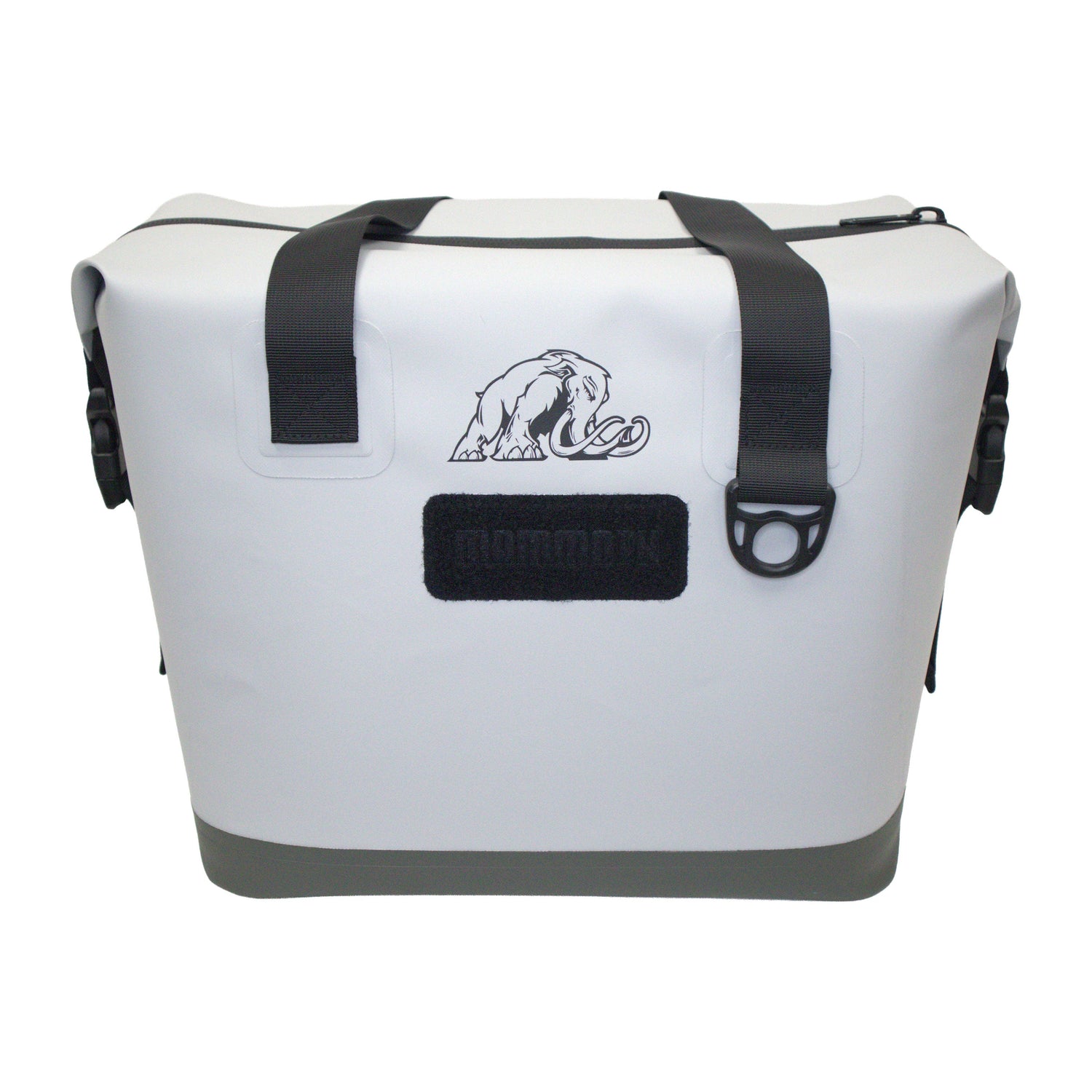White cooler bag with black straps and logo on a white background