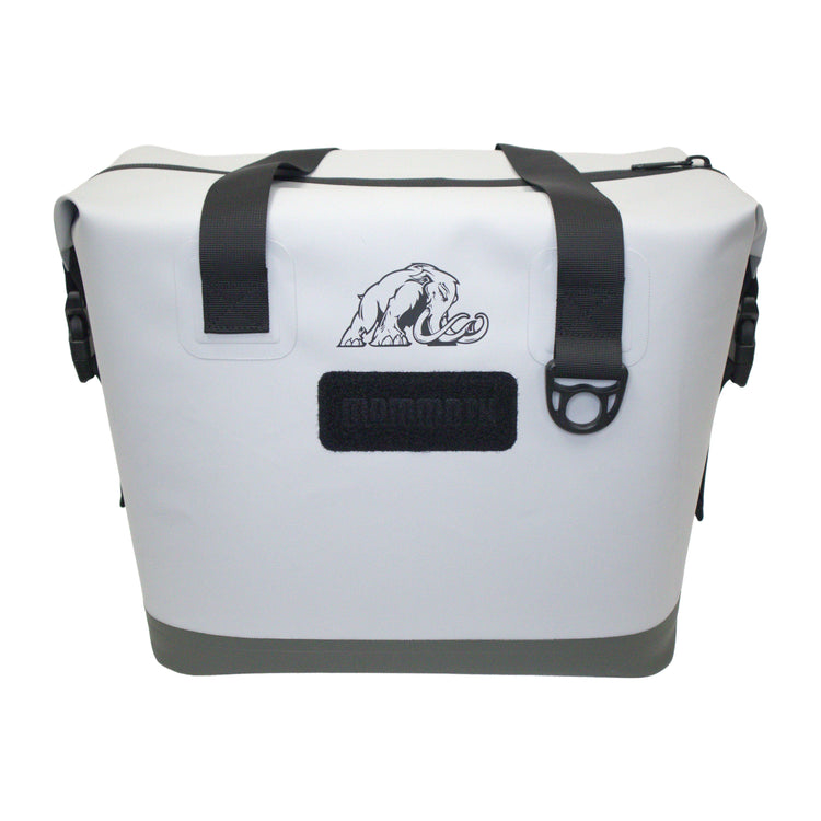 White cooler bag with black straps and logo on a white background
