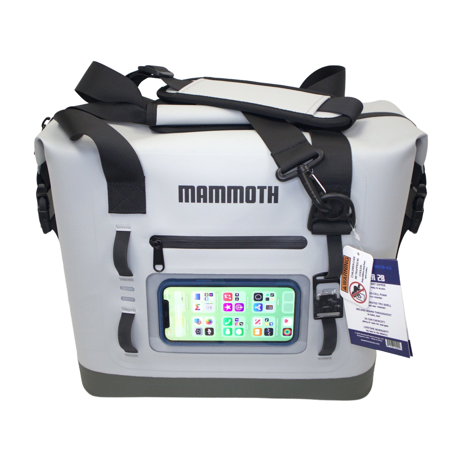 White cooler bag with black straps and a digital display on a white background