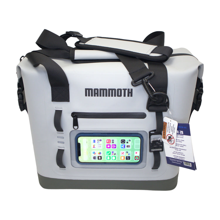 White cooler bag with black straps and a digital display on a white background