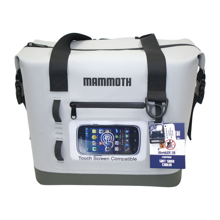 White cooler bag with black straps and Mammoth branding on a white background