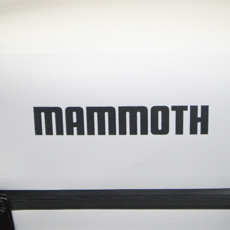 Close-up of a white bag with 'Mammoth' branding on a light gray background