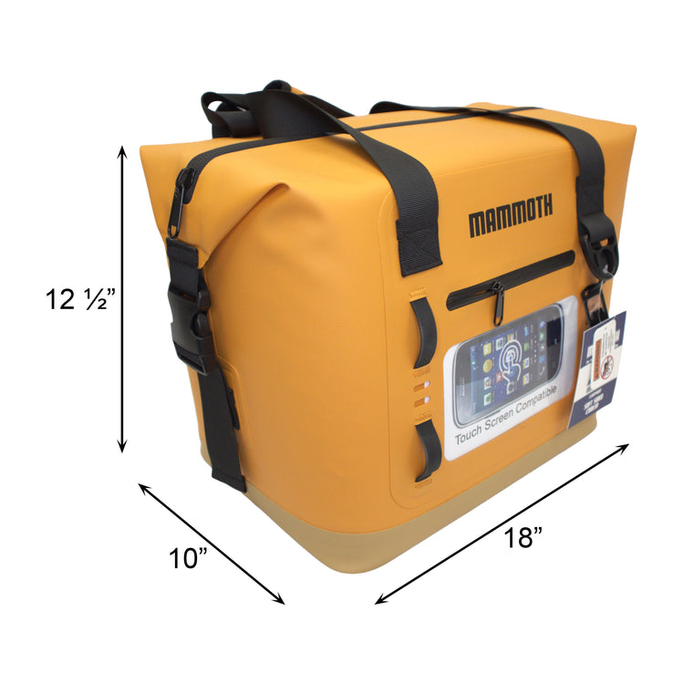 Yellow backpack with black straps and dimensions labeled on a white background