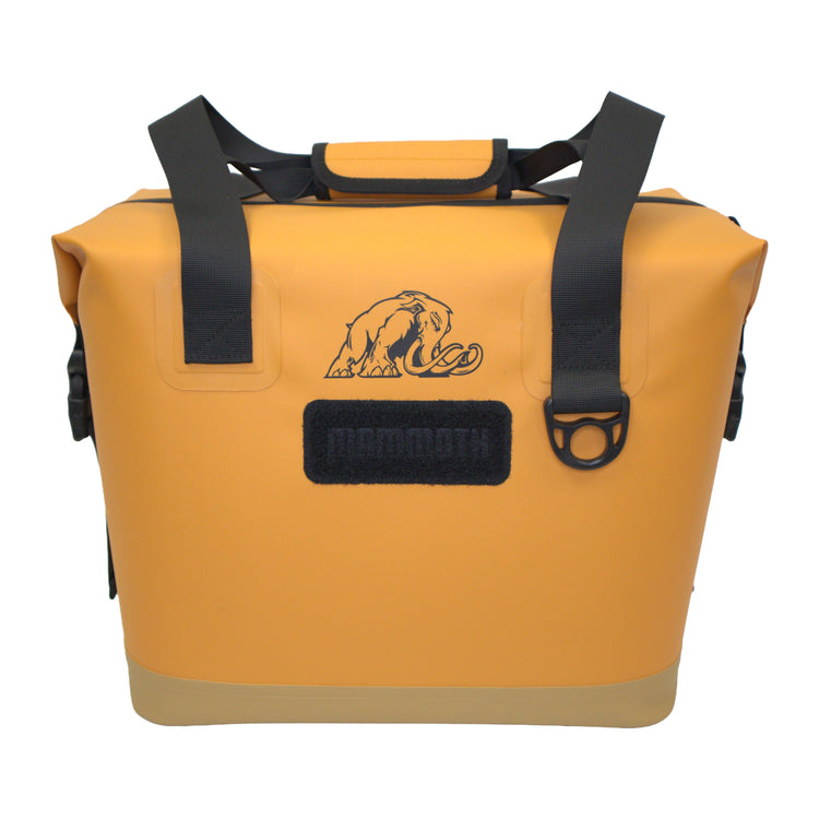 Yellow cooler bag with black straps and a logo on a white background