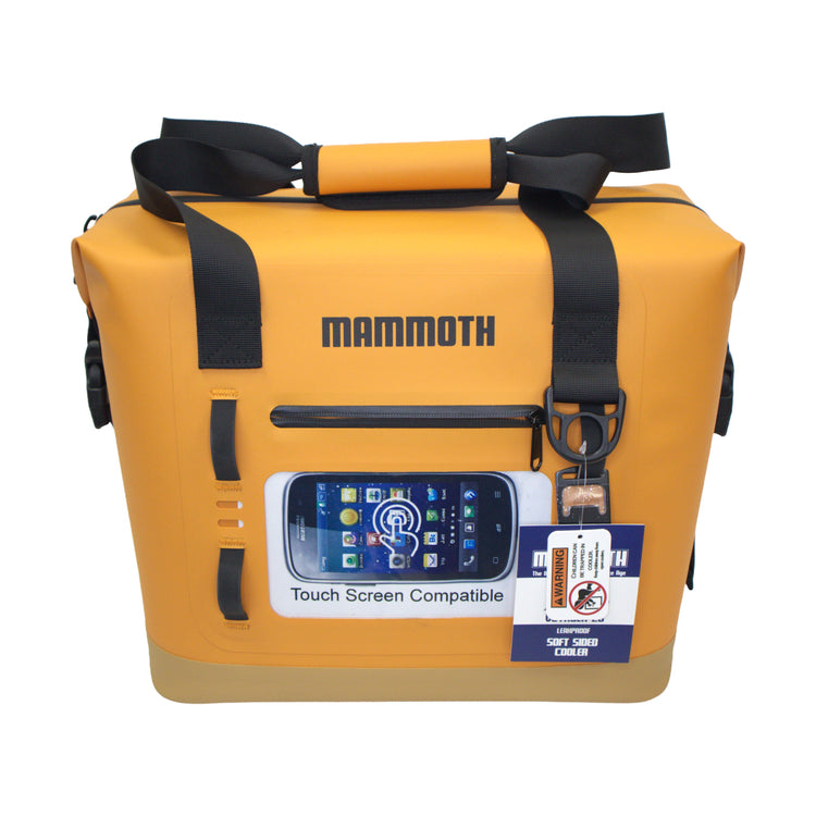 Yellow cooler bag with black straps and Mammoth branding on a white background