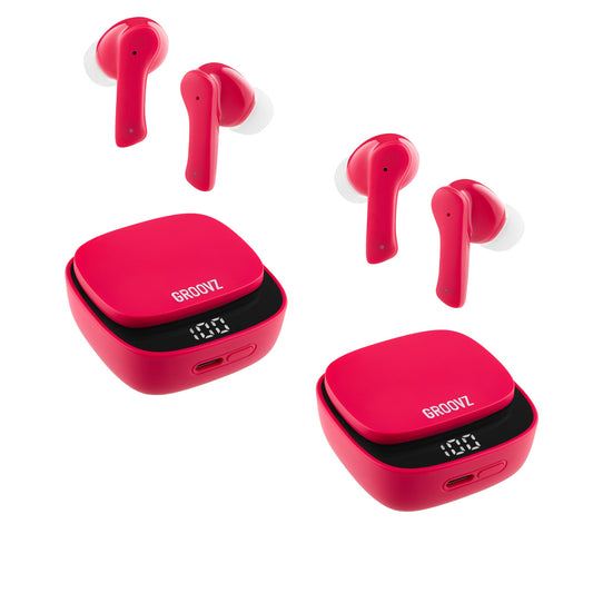 Pink wireless earbuds with charging cases on a white background