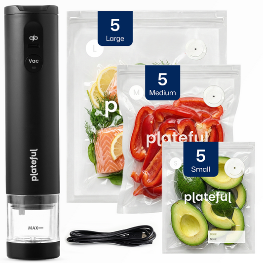 Plateful vacuum sealer with food packaging of salmon, peppers, and avocados on a white background