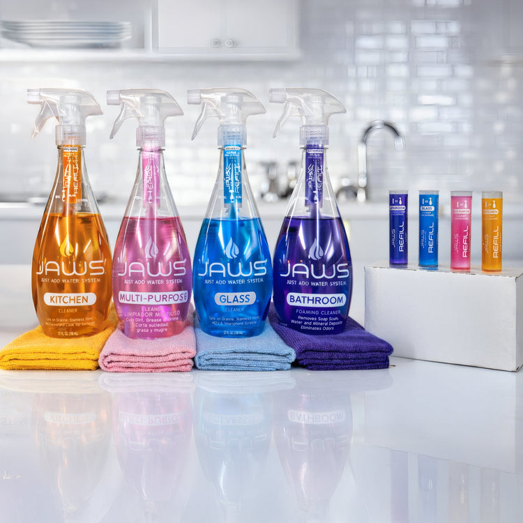 Set of JAWS cleaning products on a kitchen counter