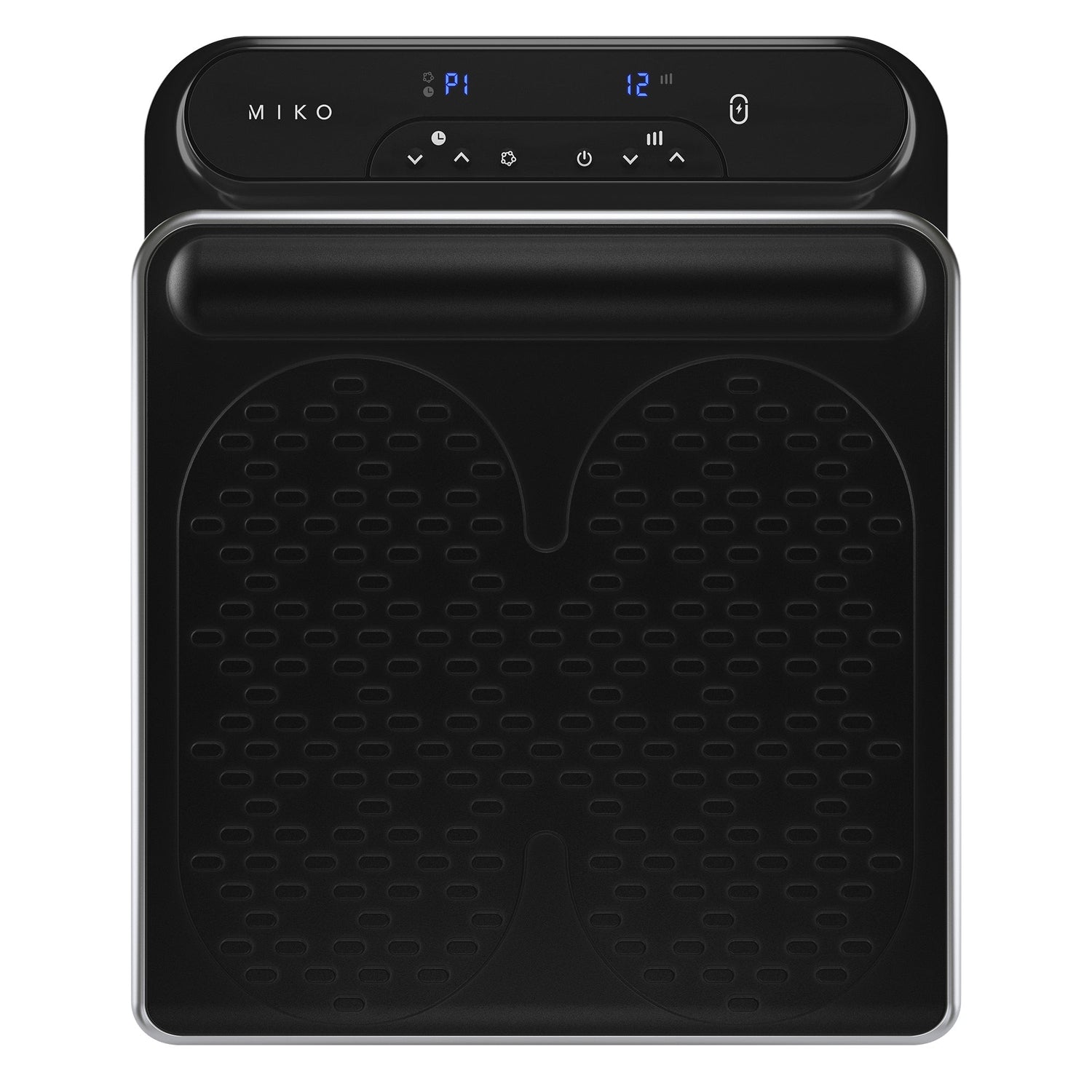 Black electronic device with digital display on a white background