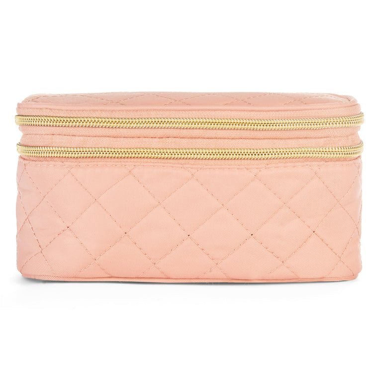 Quilted pink jewelry box with a gold zipper on a white background