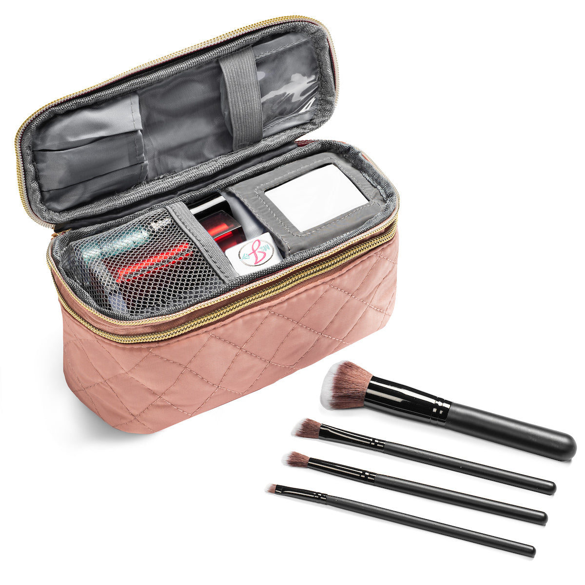 Makeup bag with brushes and products on a white background
