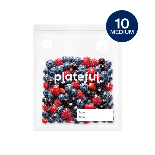 Packaged avocados in a clear plastic bag with 'plateful' branding on a white background.