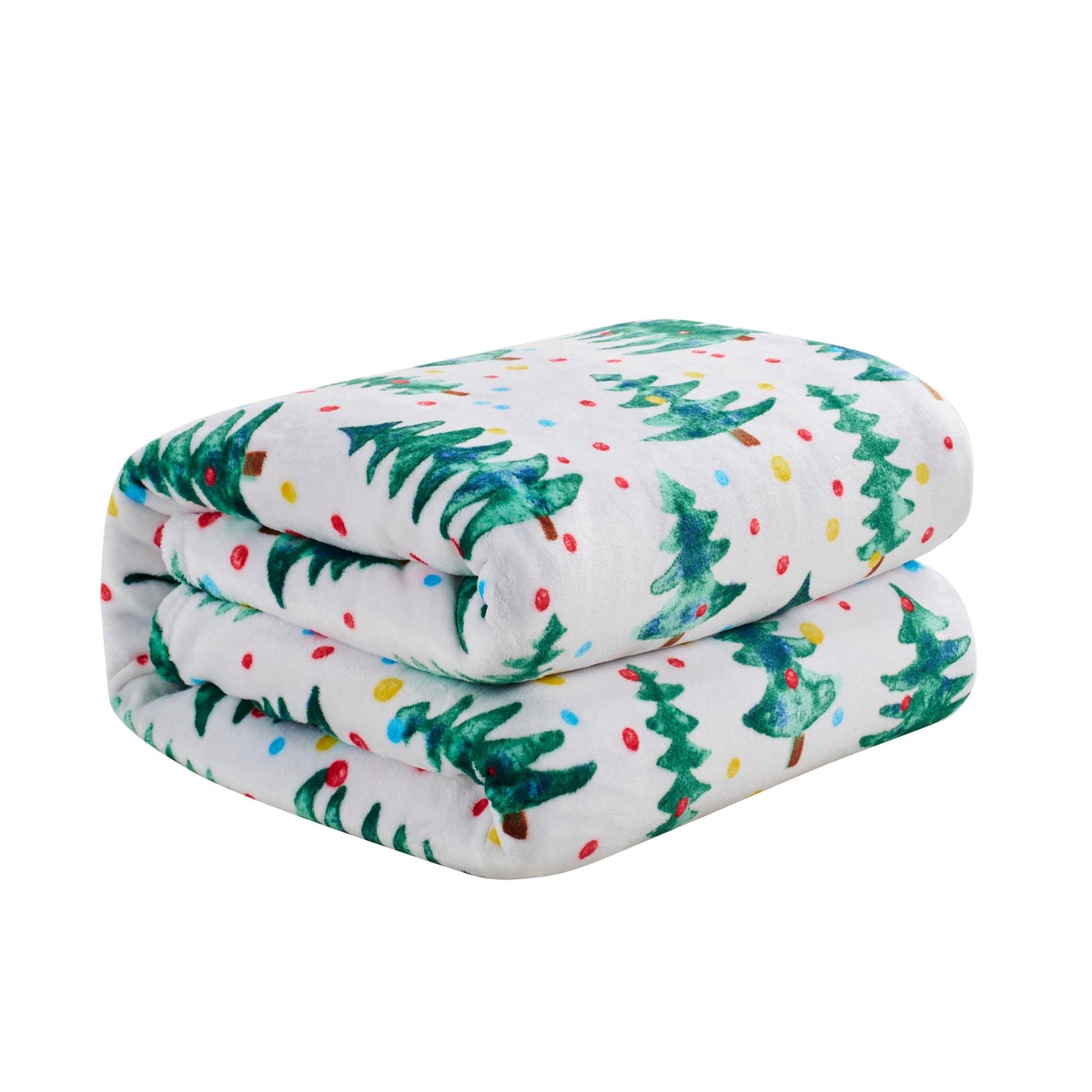 Folded blanket with Christmas tree and light pattern on a white background