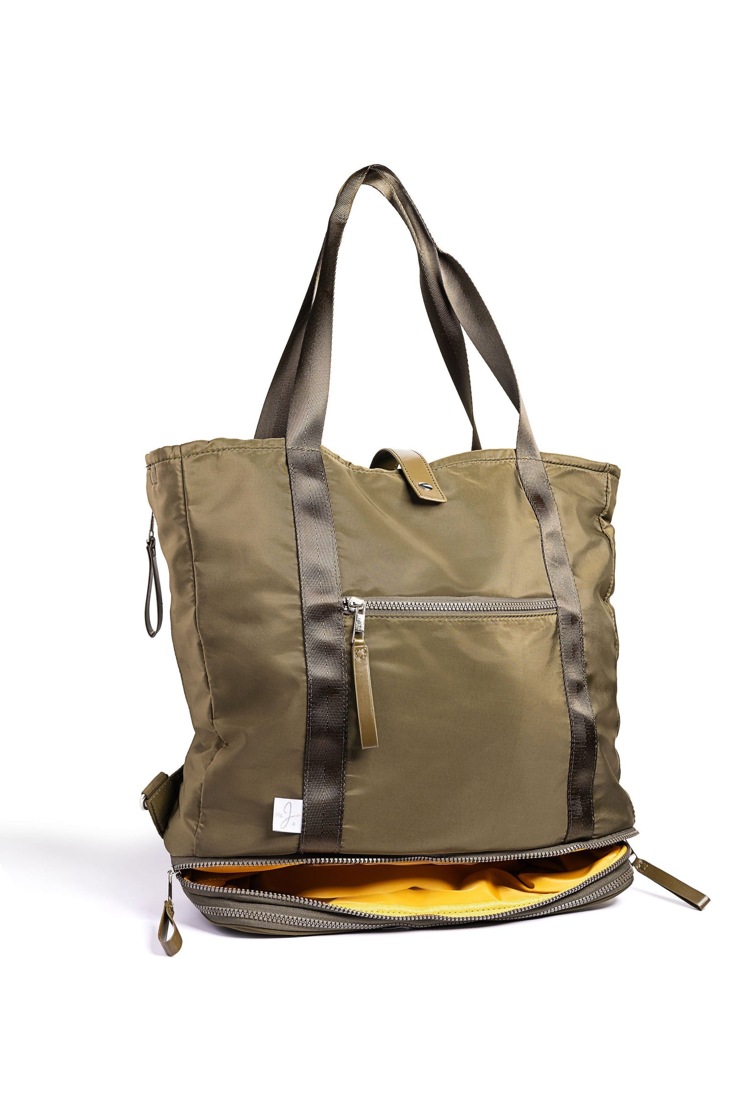 Green tote bag with brown accents on a white background