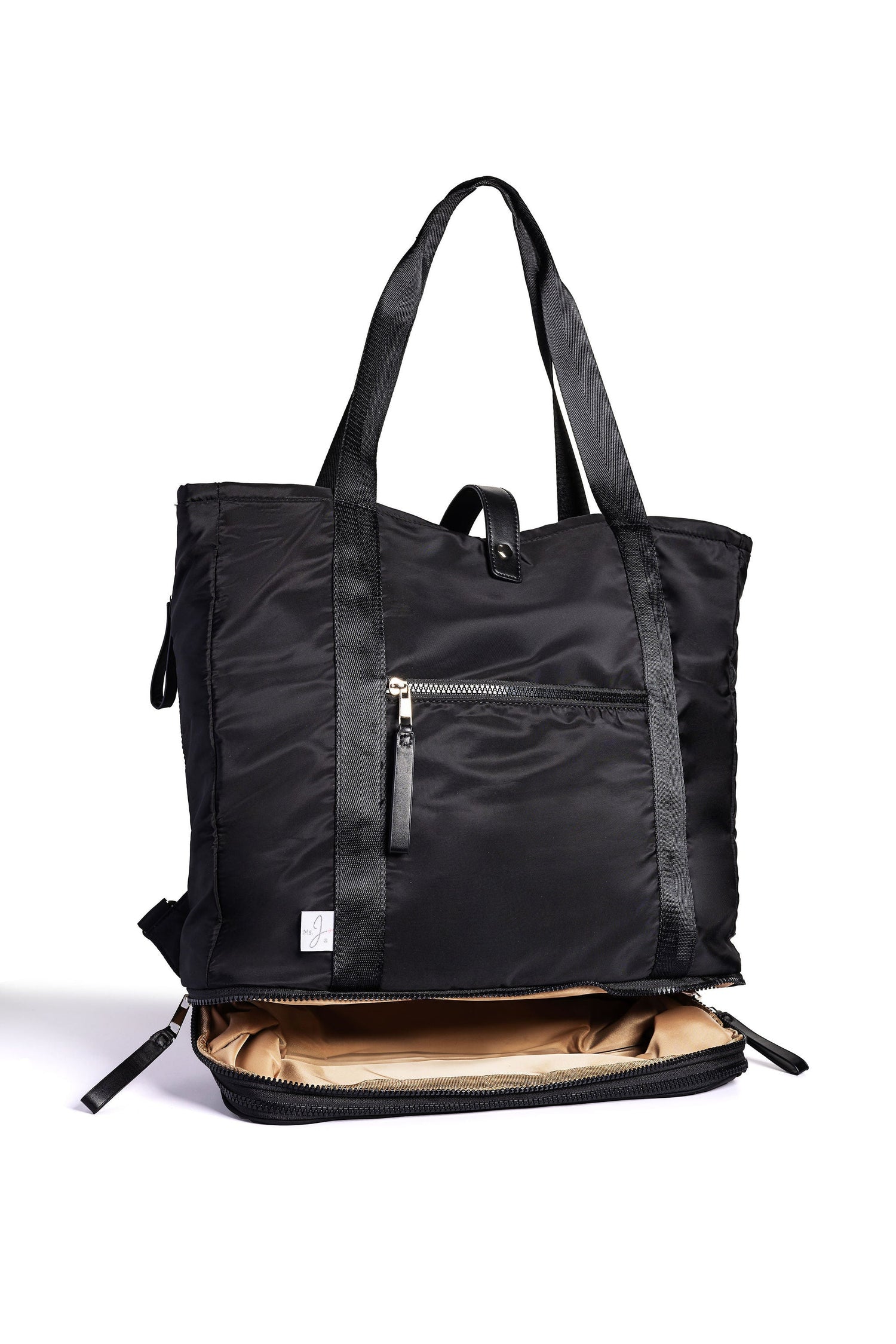 Black backpack with open front pocket on a white background