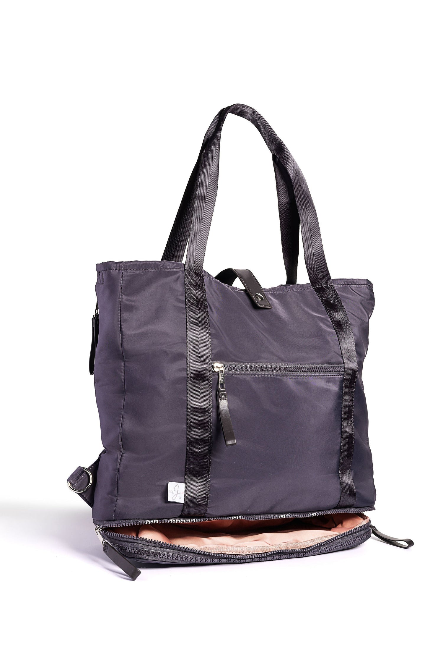 Black tote bag with shoulder straps on a white background