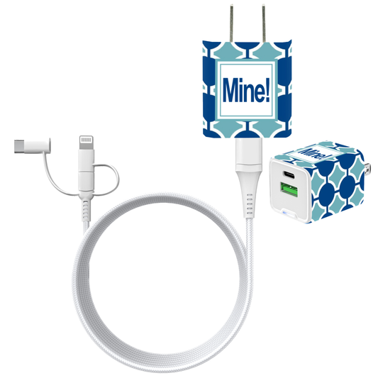 Mine! - Blue Dot Dual USB A & USB C Quick Charger 20W Gift Set with White Cable