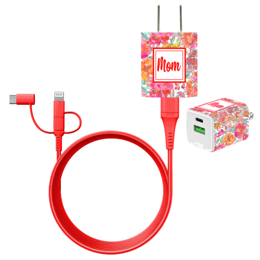 Mom Dual USB A & USB C 20W Quick Charger Gift Set with Coral Cable