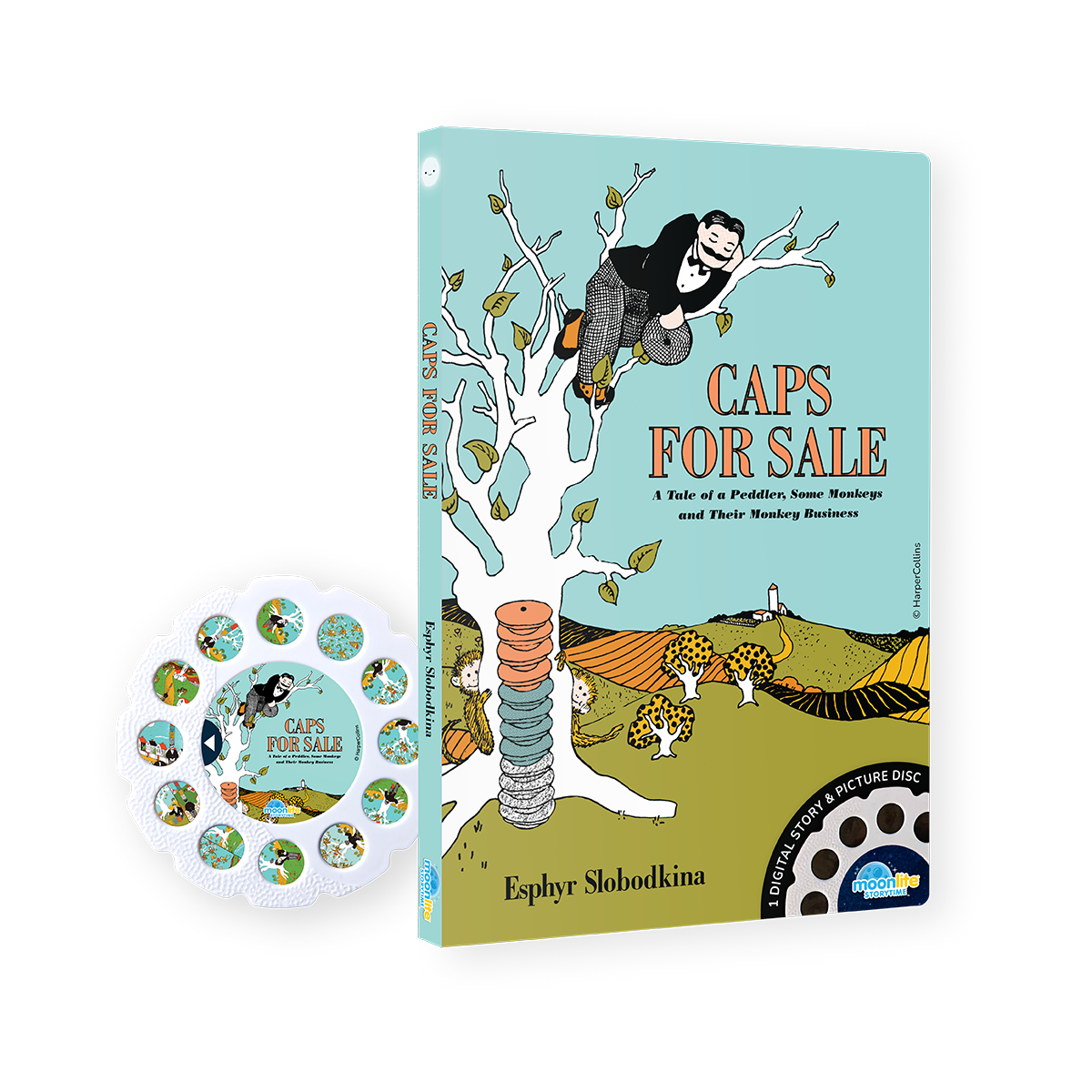 Book titled 'Caps for Sale' with illustrations on a white background