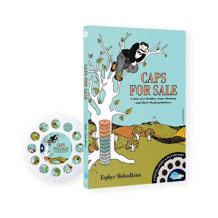 Book titled 'Caps for Sale' with illustrations on a white background