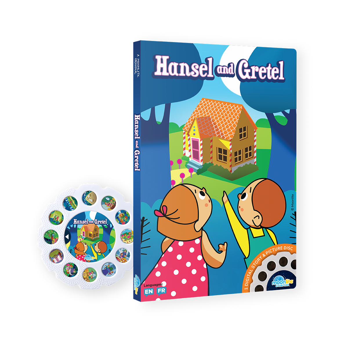 Book titled 'Hansel and Gretel' with illustrations of two children and a house on a blue background.