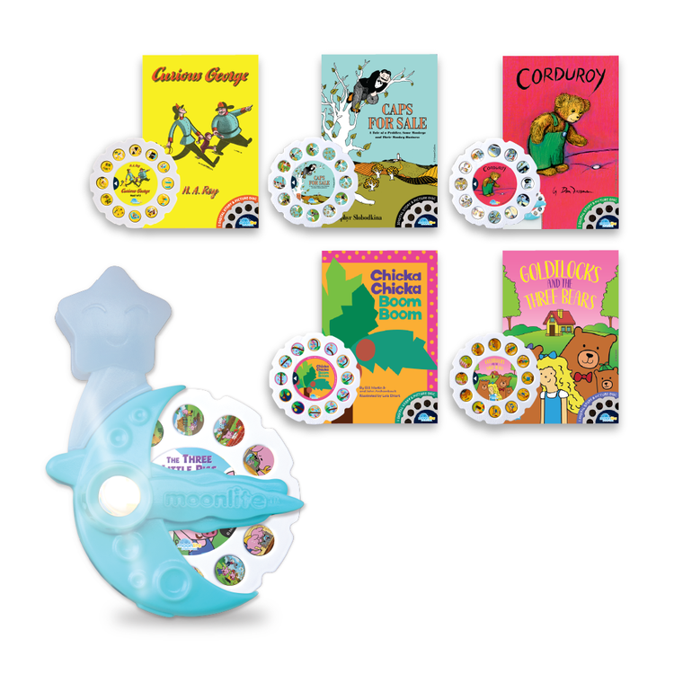 Collection of children's books and a blue star-shaped toy on a white background