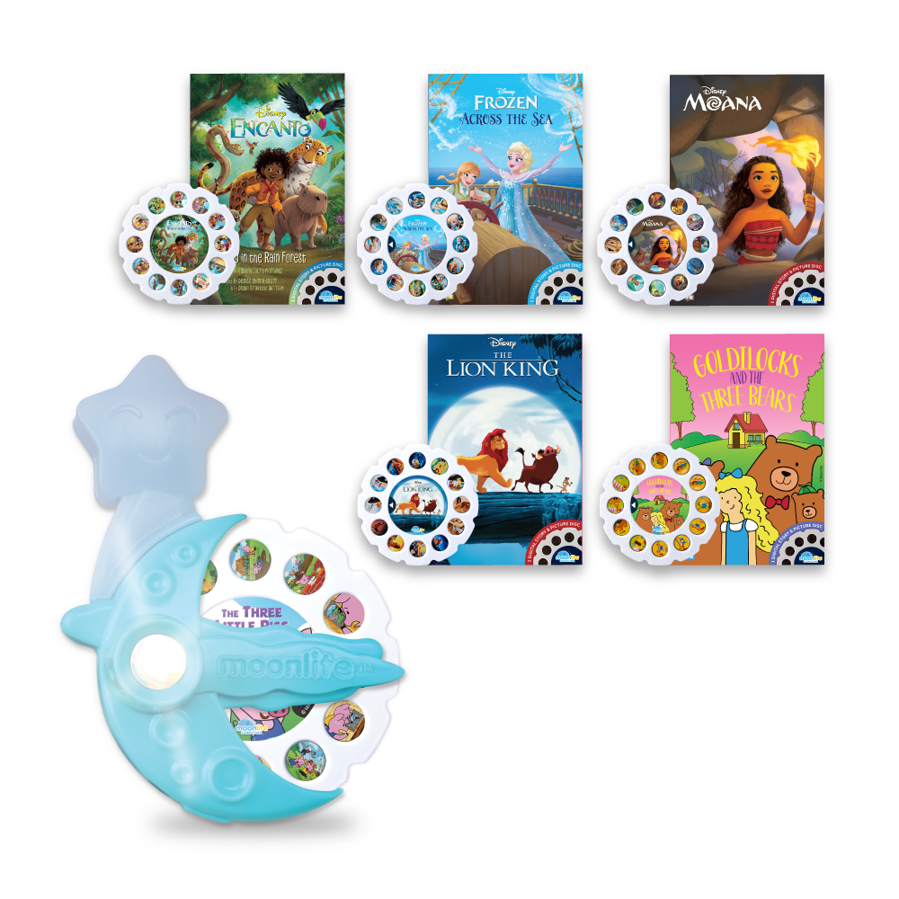 Collection of Disney-themed children's books and toys on a white background