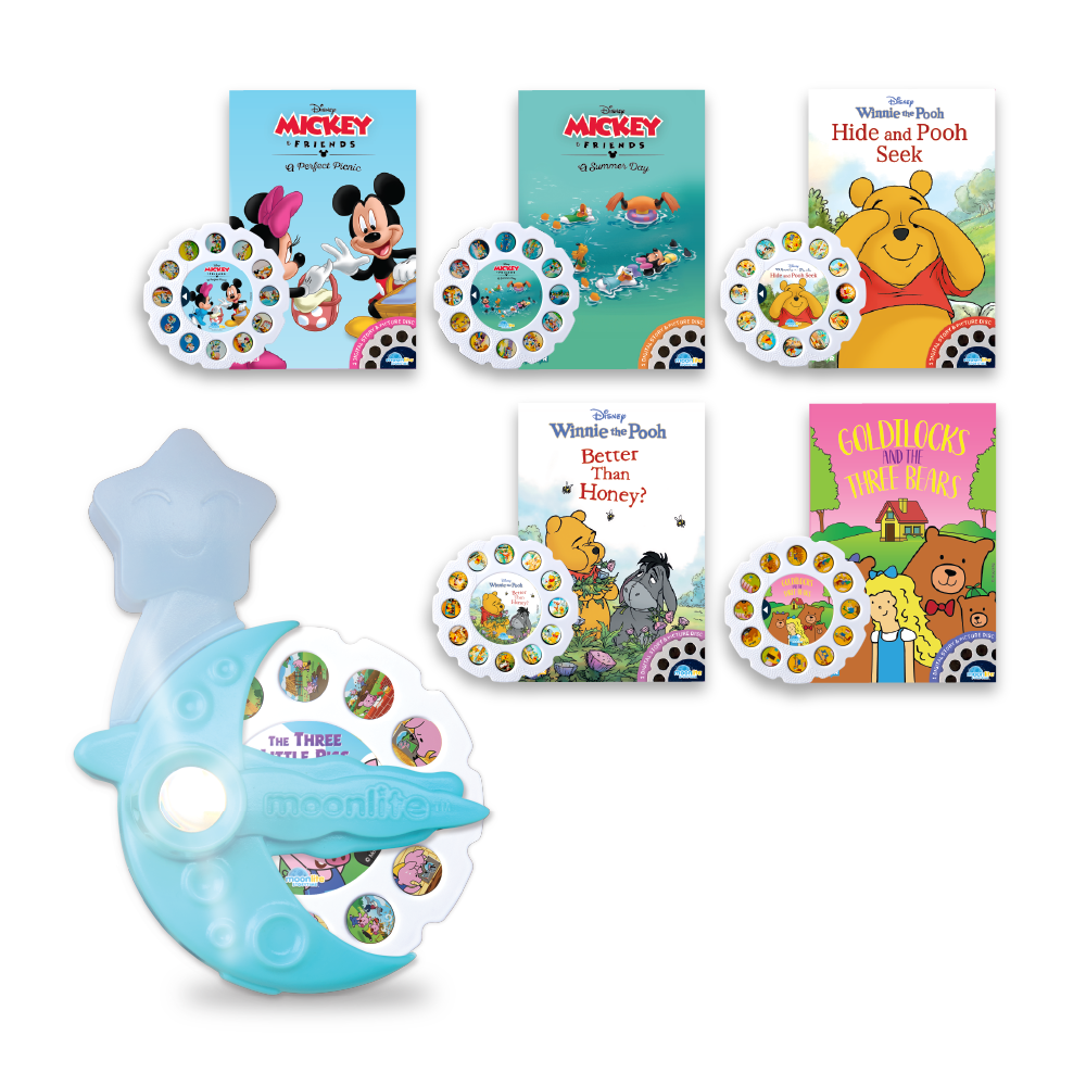 Collection of Disney-themed children's books and a blue toy on a white background