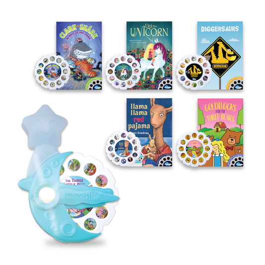 Collection of children's books and a blue toy with colorful illustrations on a white background