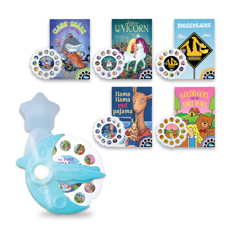 Collection of children's books and a blue toy with colorful illustrations on a white background