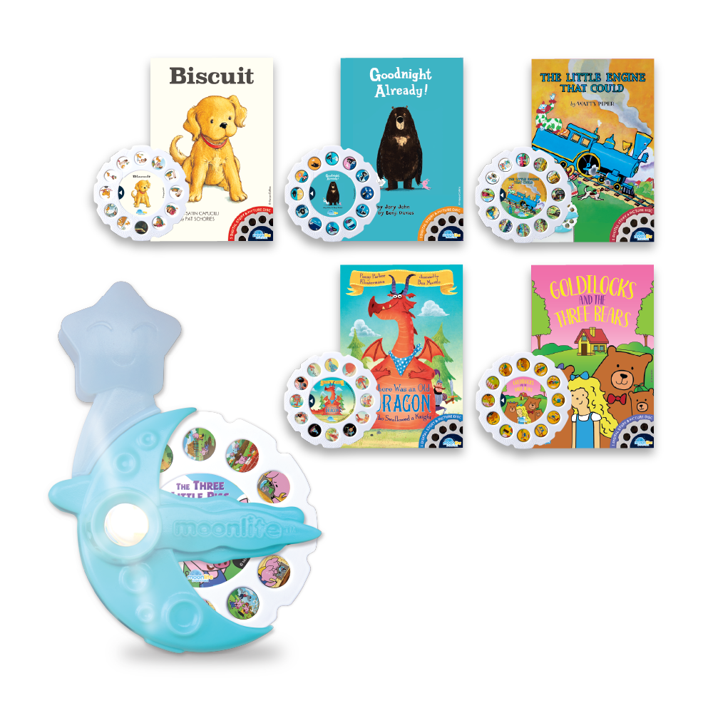 Collection of children's books and a blue toy on a white background