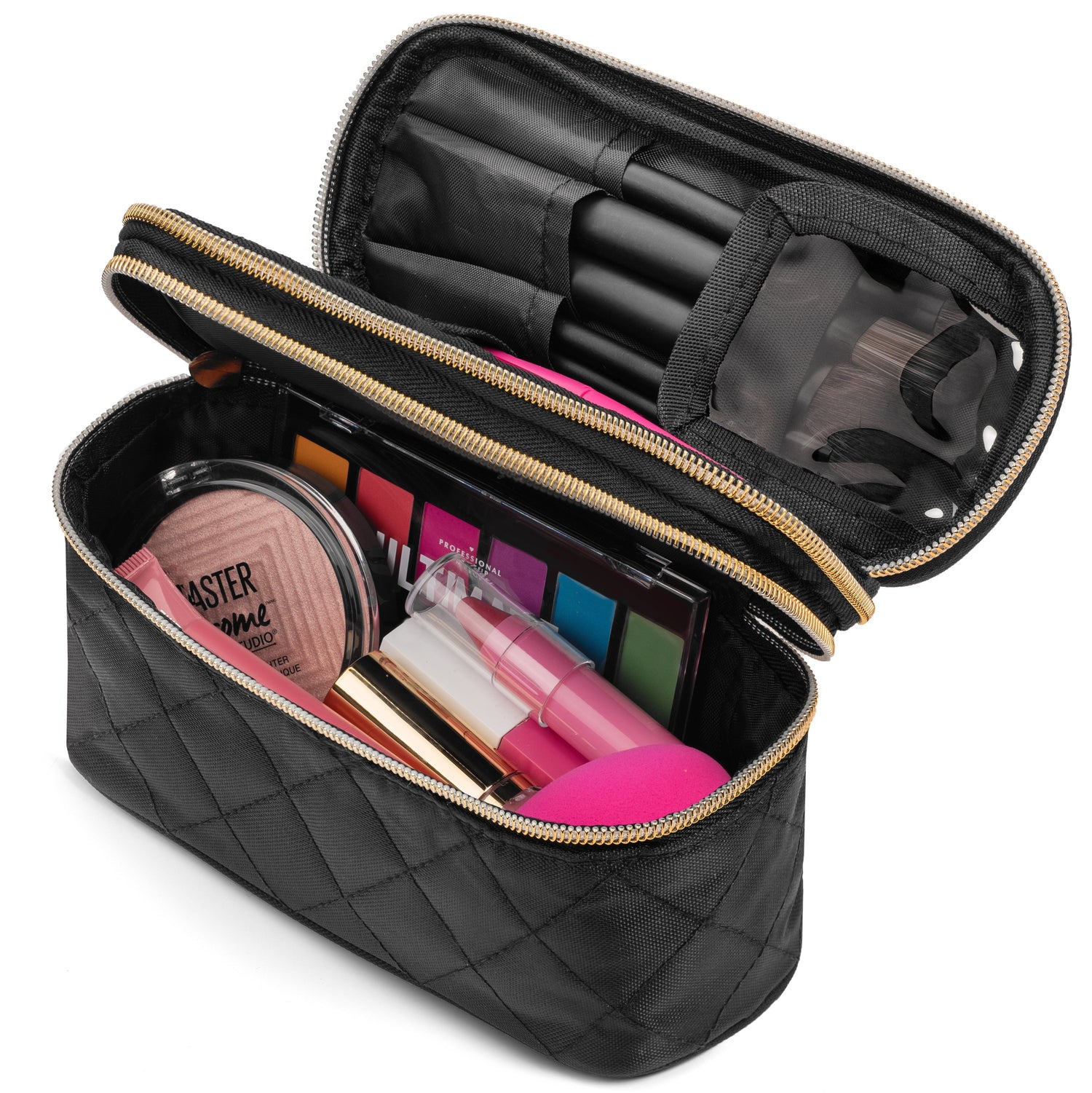 Black makeup bag with various cosmetic items on a white background