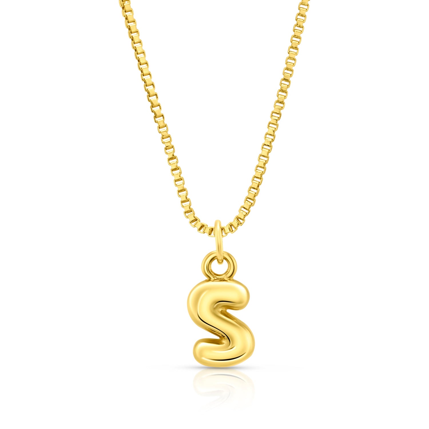 A gold-plated initial pendant necklace with a small box chain and a single letter 'S' pendant.