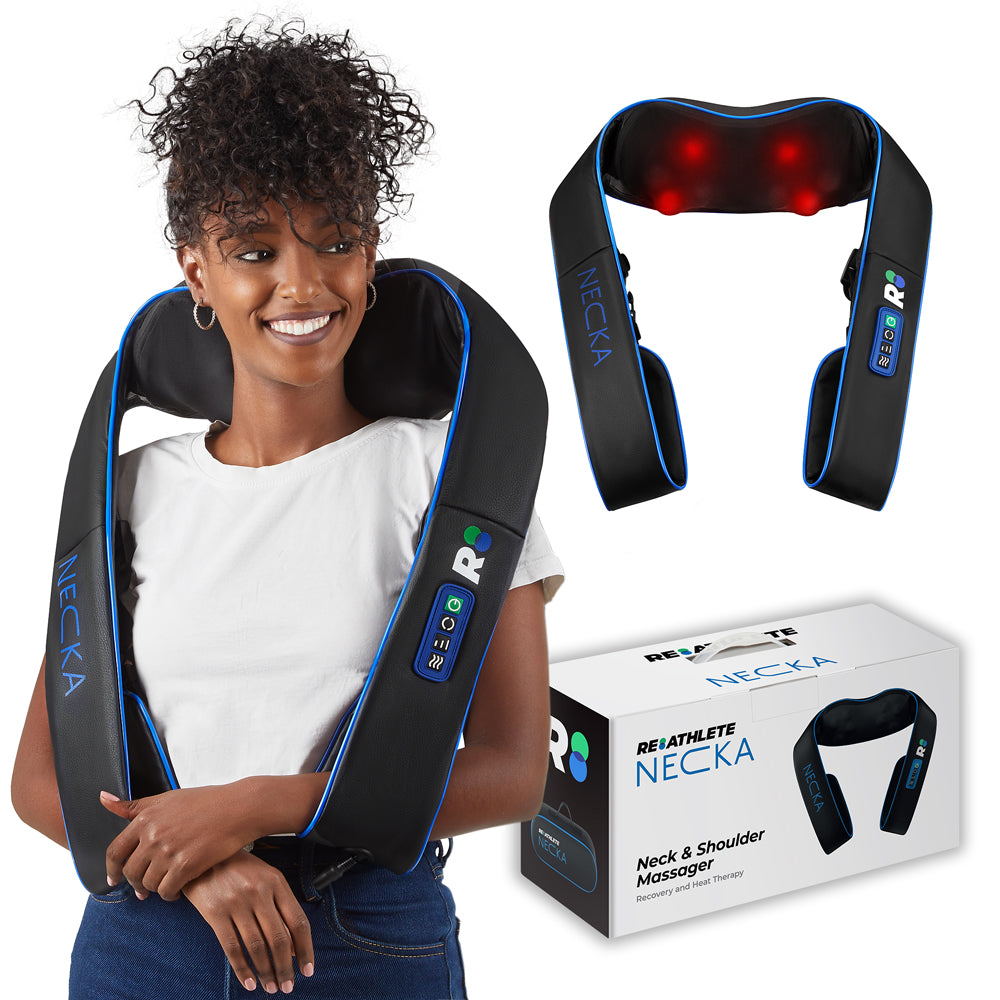 Woman wearing a neck and shoulder massager with packaging and product close-up on a white background