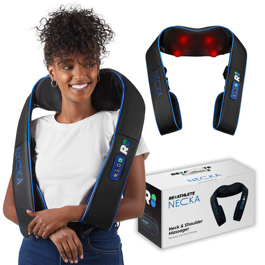 Woman wearing a neck and shoulder massager with packaging and product close-up on a white background