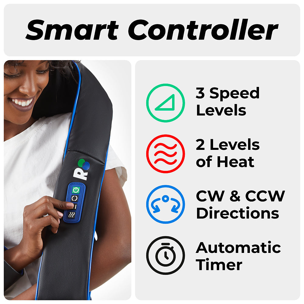 Smart controller for a massage device with features listed on a white background