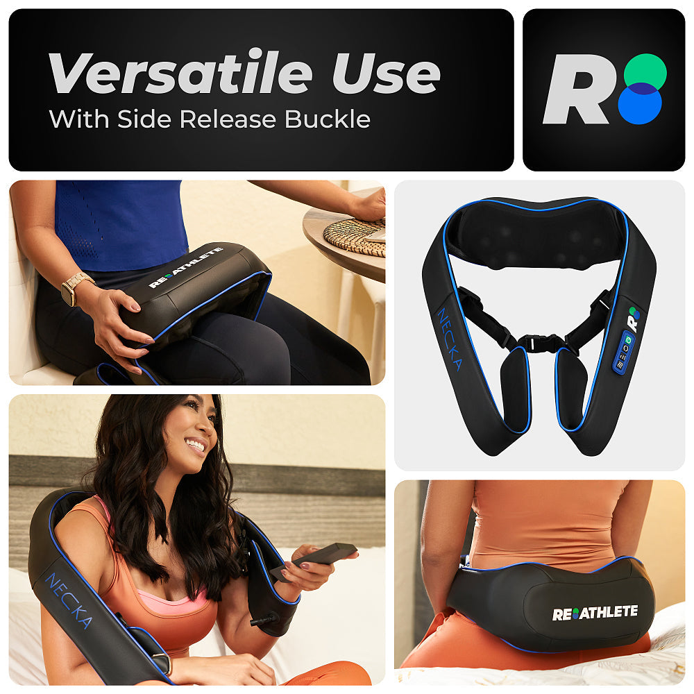 Neck massager with side release buckle, shown in use on a person and displayed with brand logo.