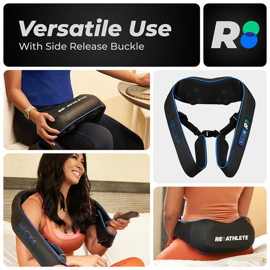 Woman wearing a neck and shoulder massager with packaging and product close-up on a white background