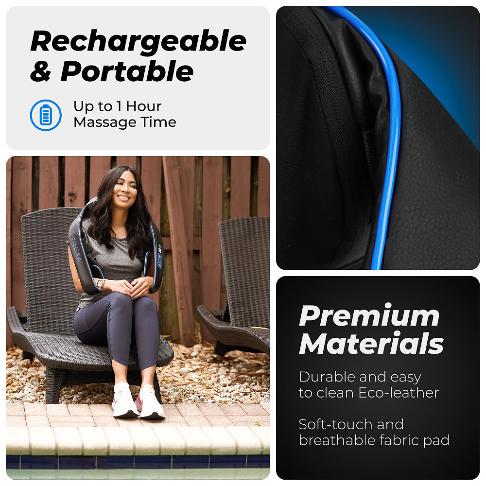 Person using a portable massage device with text highlighting rechargeability, portability, and material quality.
