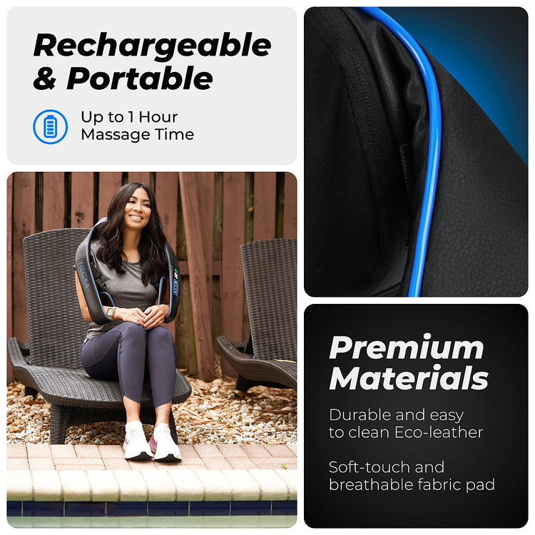 Person using a portable massage device with text highlighting rechargeability, portability, and material quality.