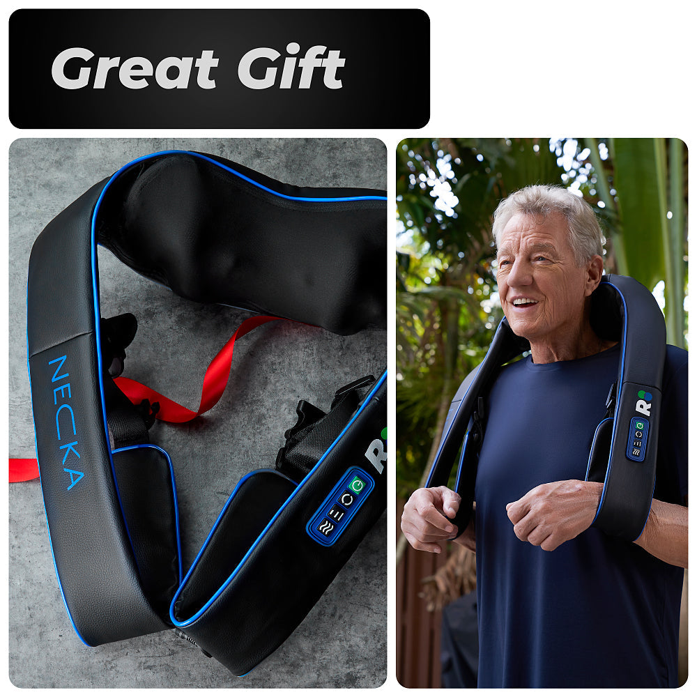 Neck massager with 'NECKA' branding on a gray surface, and a man wearing it outdoors.