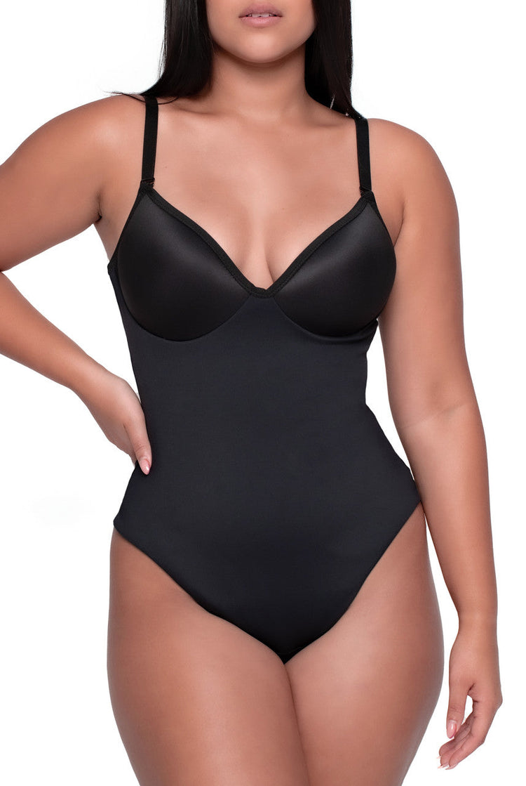 Black swimsuit worn by a model on a white background