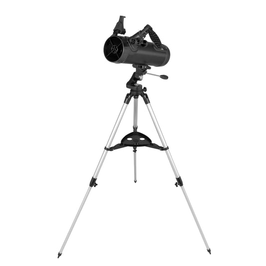 Black telescope with tripod on a white background