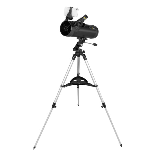 Black telescope with tripod on a white background