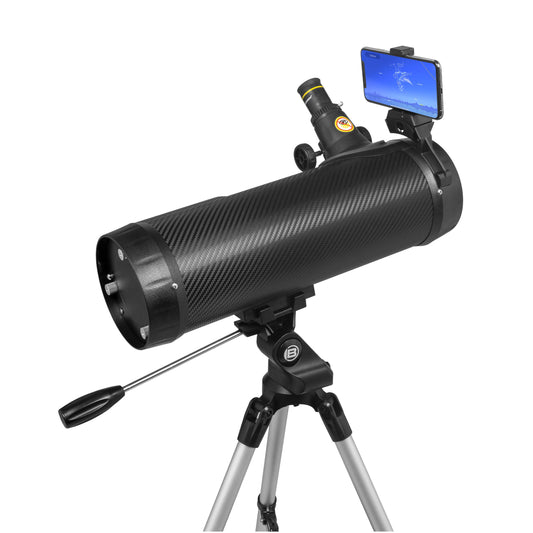 Black telescope with tripod on a white background